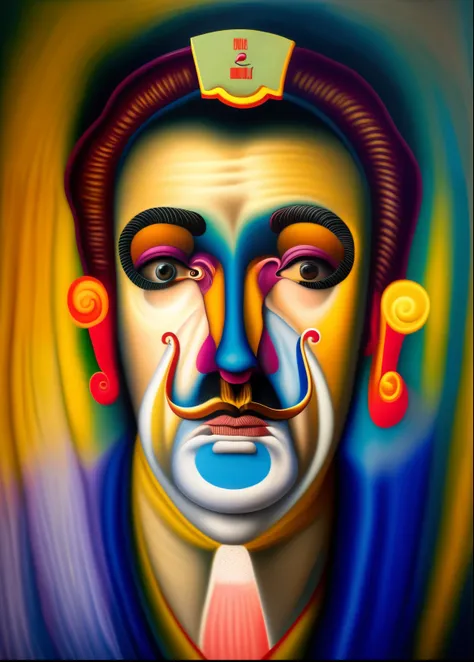The painting is of a man with a mustache、Man with mustache in mouth,goat facial features, inspired by Salvador Dali, dali style, inspired by Salvador Dali, Inspired by Salvador Dali, no estilo do Salvador Dali, Detailed face with mustache, surrealist portr...