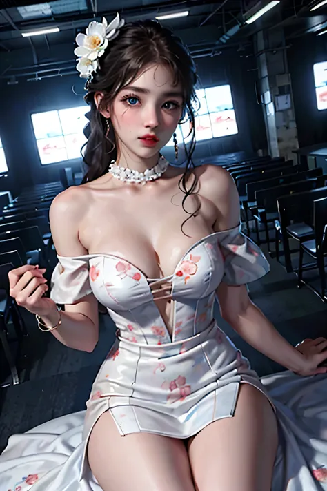 1 girl,highest quality、ultra high resolution、(Photoreal:1.4)、blue eyes、look at the audience、blush、Off-shoulder white dress with floral print