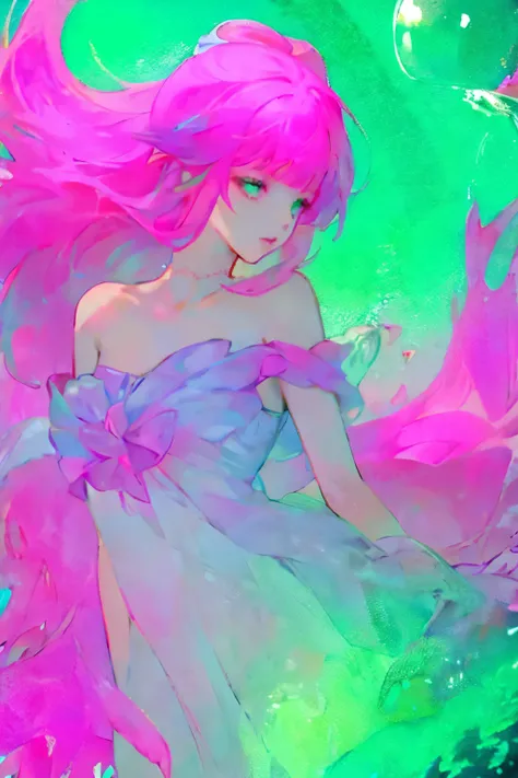 （（upscale，16k，masterpiece：1.3）），（beautiful woman，Sleep at the bottom of the sea，dark ocean landscape，white dress），pink and green，colorful，flowing hair，(high saturation),(colorful splash),Colorful bubbles,(shining)