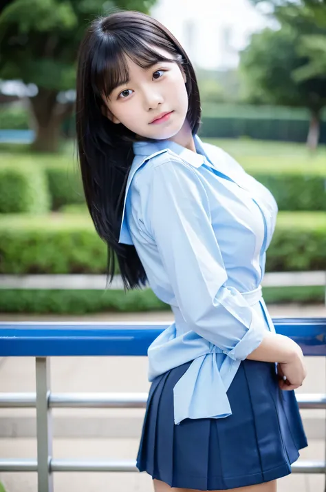 18 year old high school girl wearing a blue miniskirt and white shirt（black hair）