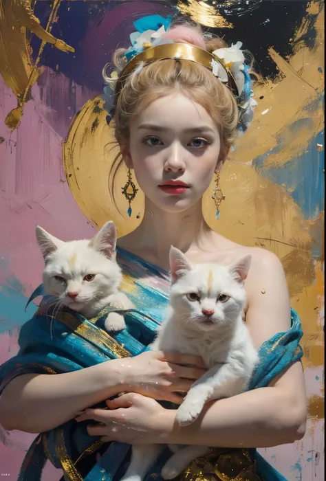 painting of a woman holding two cats in her arms