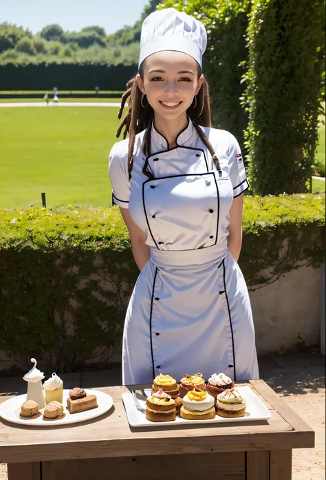 chef-d&#39;œuvre, meilleure qualité, 1fille, ébène belle, délicat, extrêmement complexe, détaillé, cheveux dreadlocks, yeux noisette, ((chef-d&#39;œuvre)), très bien détaillé, meilleure qualité, haute résolution, ((dans un parc)), Bridget, sourire,  