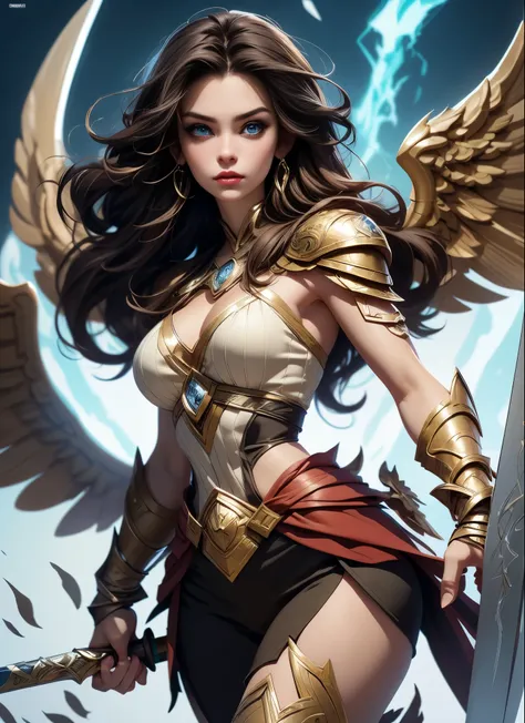 Alison Tyler as a Asgard valkyrie，blue eyes, long brown hair, perfect body, Senhora Cavaleiro，Anatomia correta，holding a magical big sword, epic fantasy digital art, masterpiece，8k，high-definition resolution，desenho detalhado，Qualidade Superior，, Epic comp...