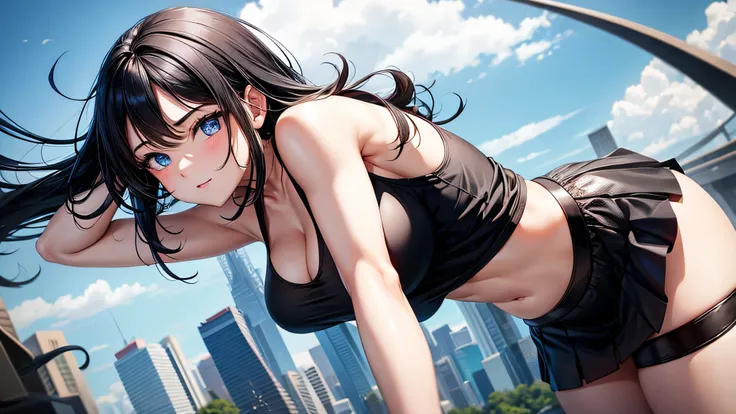 1girl, big breasts, black hair, blue eyes, black tank top see-through, black mini skirt, park