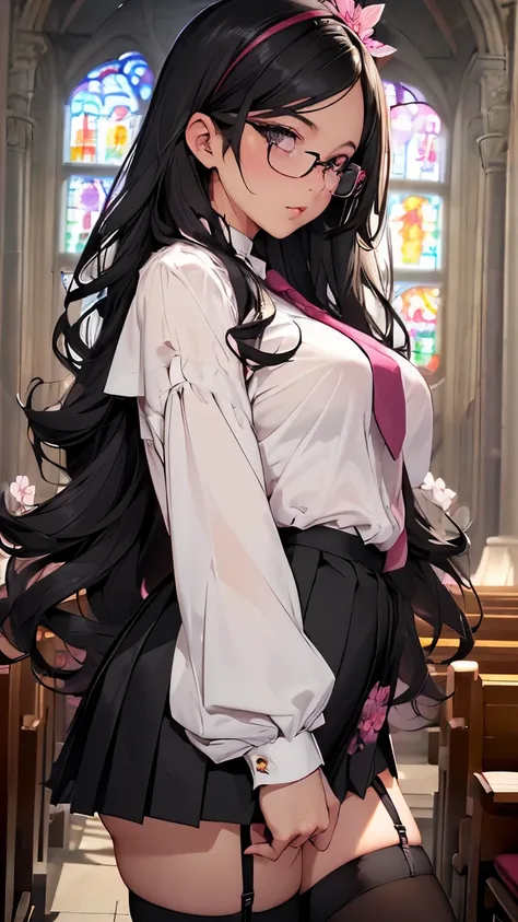 (black wavy long hair、sexy、detailed face、highly detailed eyes、double eyelid、Pink glasses、thick formal white shirt)、(Black short tight mini pleated skirt:1.3)、(あなたのsexyなパンティーを見せて)、(pink short tie)、 (black garter belt:1.3)、(black thigh socks:1.3)、glamorous、s...