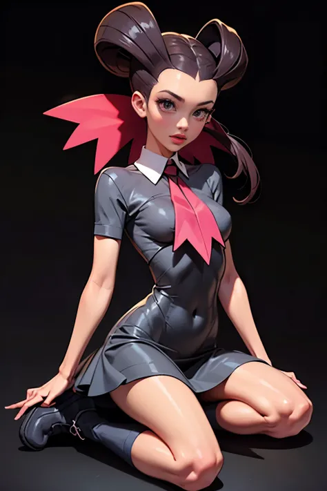 Generate an illustration of a mature Roxanne, gym leader of pokemon , (gray dress), hd, holding a pokeball  all,  de terno preto, pink ascot, long black hair, twin ponytail, shiny hair, (small breasts:1.2), outfit in anime format with a serious style, boot...