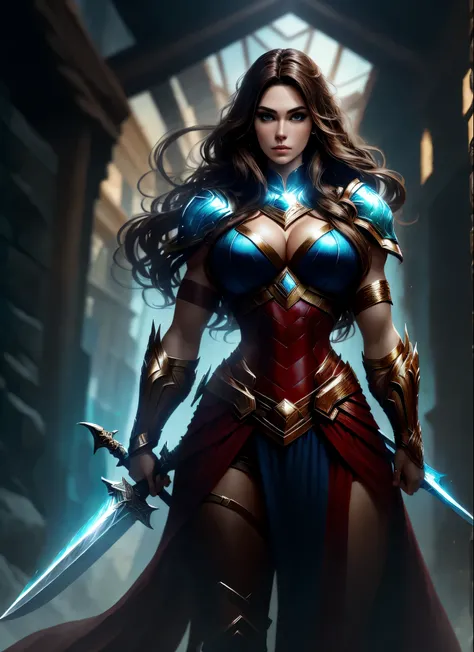 Alison Tyler as a Asgard valkyrie，blue eyes, long brown hair, perfect body, Senhora Cavaleiro，Anatomia correta，holding a magical big sword, epic fantasy digital art, masterpiece，8k，high-definition resolution，desenho detalhado，Qualidade Superior，, Epic comp...