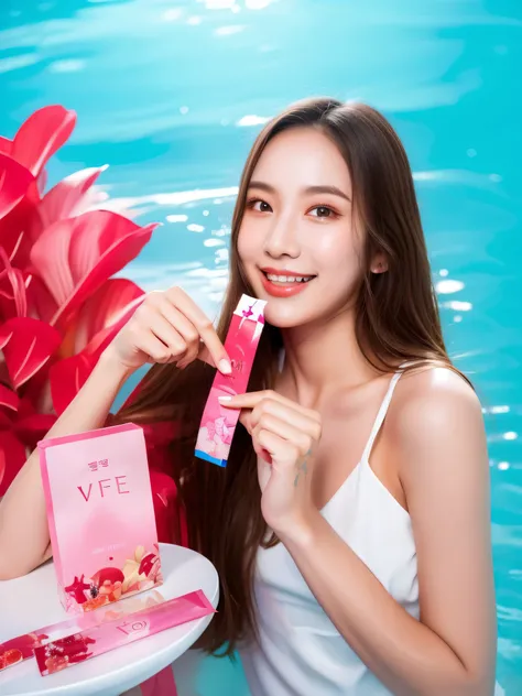 A beautiful girl holding a jelly sachet, very pretty face, photoshoot for skincare brand, white skin tone, korean girl, masterpiece, 8k