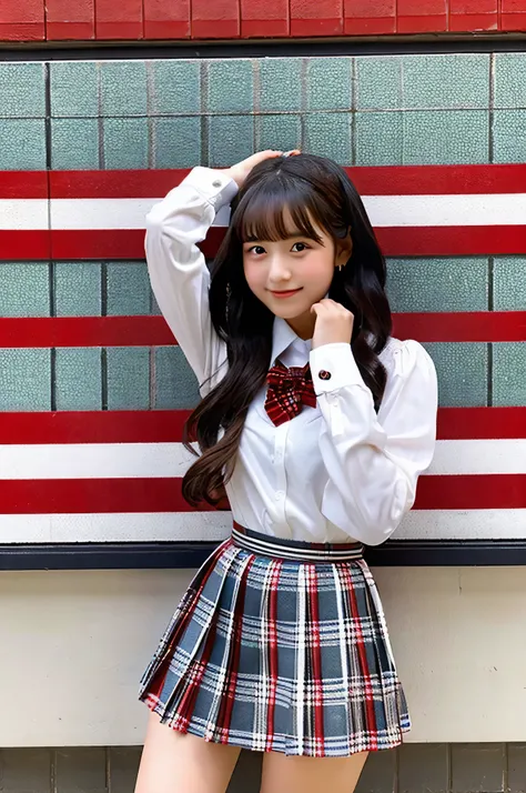 An 18-year-old high school girl wearing a super miniskirt with a red plaid pattern and a white dress shirt..（black hair）