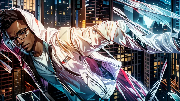 Capture the breathtaking moment as a young, dark-skinned man wearing glasses, dressed in a crisp white windbreaker hoodie crashes through a skyscraper window. This RAW masterpiece showcases an ultra-high resolution, photorealistic full-body portrait, illum...