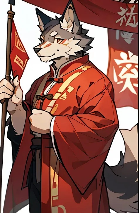 masterpiece, best quality, （hairy）（Boy light gray humanoid dog:1.3）hairy, male focus, alone,animal ears, formal, wolf ears,Wolf boy holding red China banner，It says Chinese, 举着red banners, cloth banner, Long cloth as red as silk, red banners, hanging silk ...