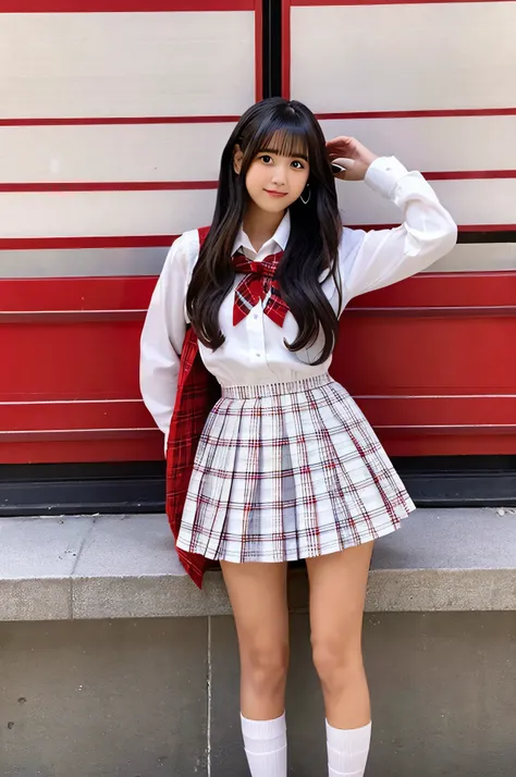 An 18-year-old high school girl wearing a super miniskirt with a red plaid pattern and a white dress shirt..（black hair）