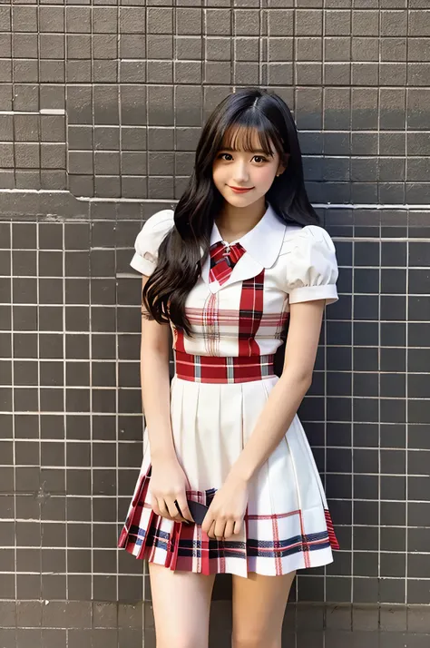 An 18-year-old high school girl wearing a super miniskirt with a red plaid pattern and a white dress shirt..（black hair）