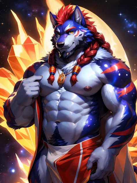 solo,anthro,furry,furry male,indigo wolf,(twin braids:1.1, braids on chest,),(red mohawk),((fluffy fur,fluffy,furry body)),(wolf print),(Galaxy skin:1.3), (Galaxy fur:1.3),muscular, glowing flaming beard, fur trimmed hood, red stripes, indigo wolf print), ...