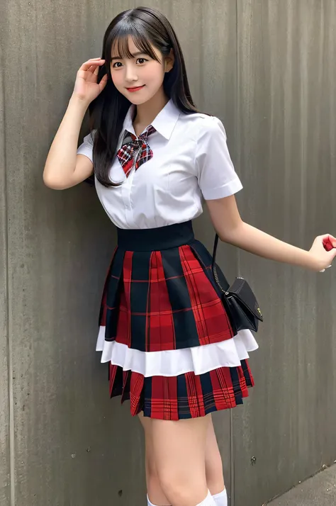 An 18-year-old high school girl wearing a super miniskirt uniform with a red and black plaid pattern and a white dress shirt..（black hair）