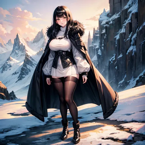 Fur coat, skirt, black hair, green eyes, large breasts, pale skin, blush, knee length socks, fur boots, snowy mountainside, standing