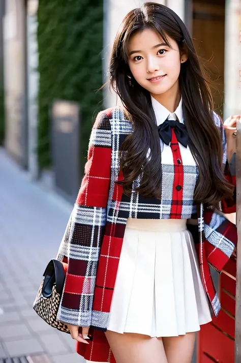 An 18-year-old high school girl wearing a super miniskirt with a red plaid pattern and a white dress shirt..（black hair）