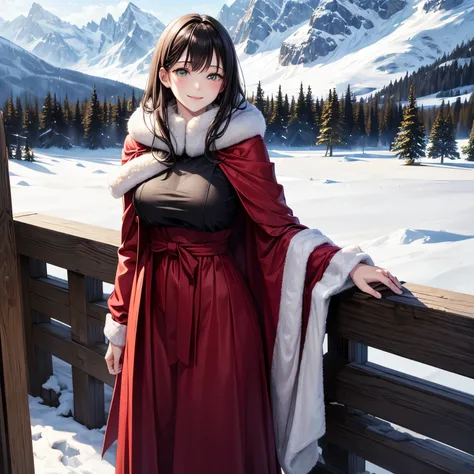 Fur cloak, long dress, black hair, green eyes, large breasts, pale skin, blush, fur boots, snowy mountainside, standing, smile