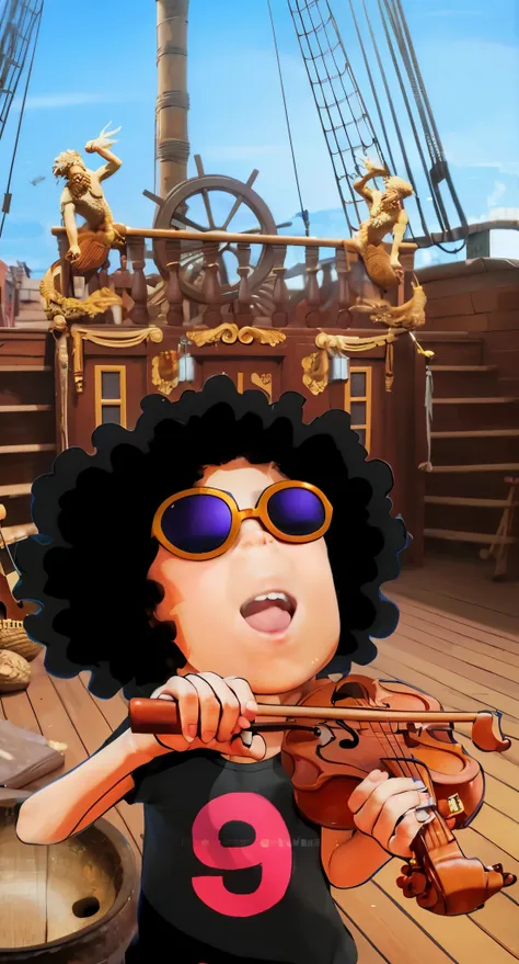 Real life adaption of this character , The handsome face of a little boy, brown skin, laughing expression, realistic same thick afro hair , (realistic same outfit), wearing same glasses,pose playing violin,realistic background , realistic light, realistic ...