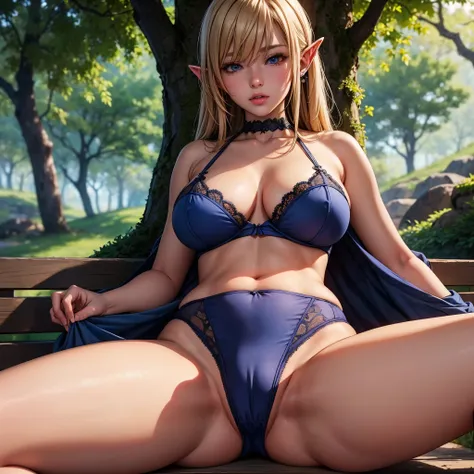 (Masterpiece, extremely detailed CG, sharp line),deedlit, offcial art, Colorful, Beautiful Japanese anime style，Extremely detailed eyes and face，Sharp pupils，realistic pupil，In the woods、cabellos largos dorados，ears of elf，Black lace panties，Slender thighs...