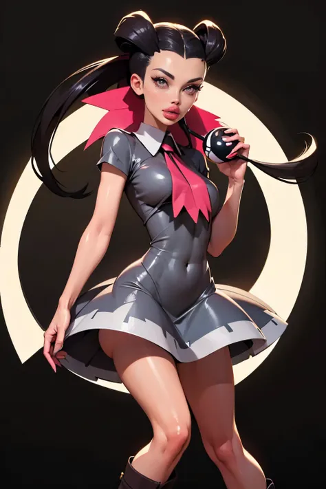 Generate an illustration of a mature Roxanne, gym leader of pokemon , (gray dress), hd, holding a pokeball  all,  (aletta ocean face), de terno preto, pink ascot, (twin ponytails),  long black hair, twin ponytail, shiny hair, (small breasts:1.2), outfit in...