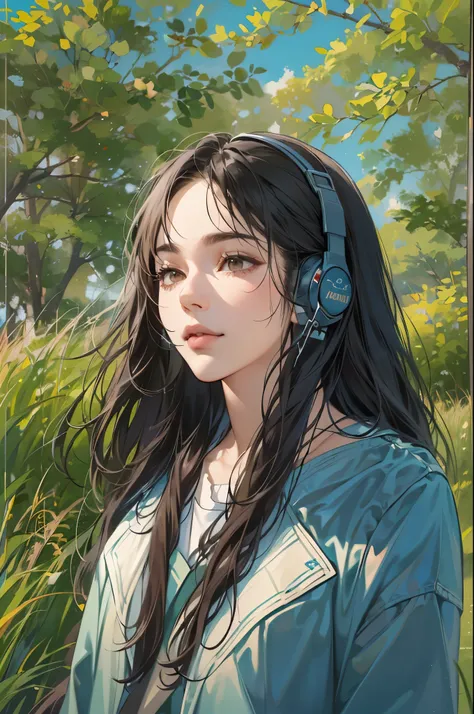 (absurdres, highres, ultra detailed, realistic, ), 1 18year-old，girl, solo, elegance， long black hair,  brown eyes, earphone，blue sky and grass background, ultra - detailed, best quality, Detailed diagram, vectorized, 8K,  Graphic design, vector lines, Ful...