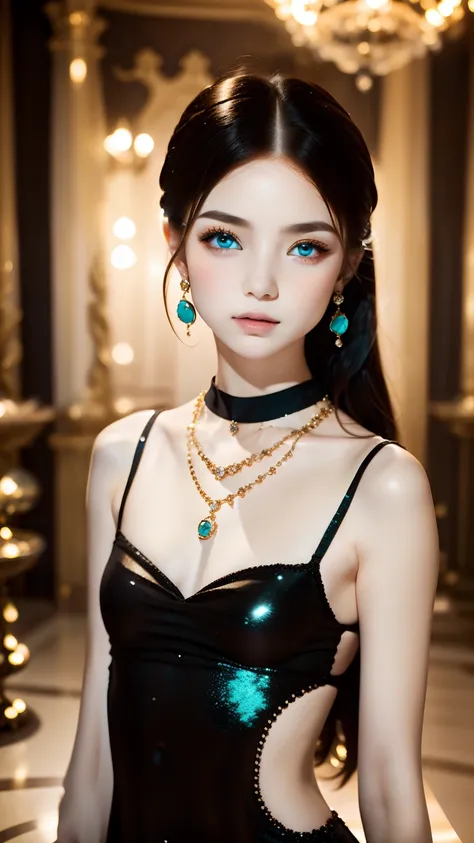 one woman、beautiful、Perfect good looks、Pale turquoise eyes、small breasts、perfect proportions、Black Silk  Dress,Simple Diamond Necklace、(((blurred background)))、luxurious palace,Glittering rooms、(highest quality: 1.1), (realistic: 1.1), (photograph: 1.1), (...