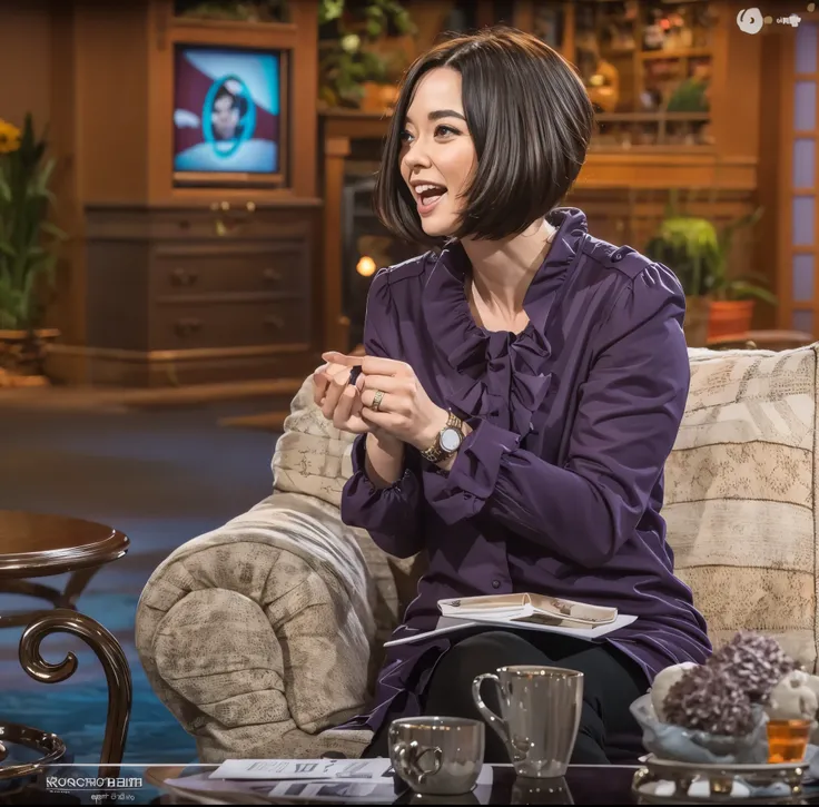 arafed woman sitting on a couch with a stuffed animal, sitting on a mocha-colored table, talk show, joy ang,