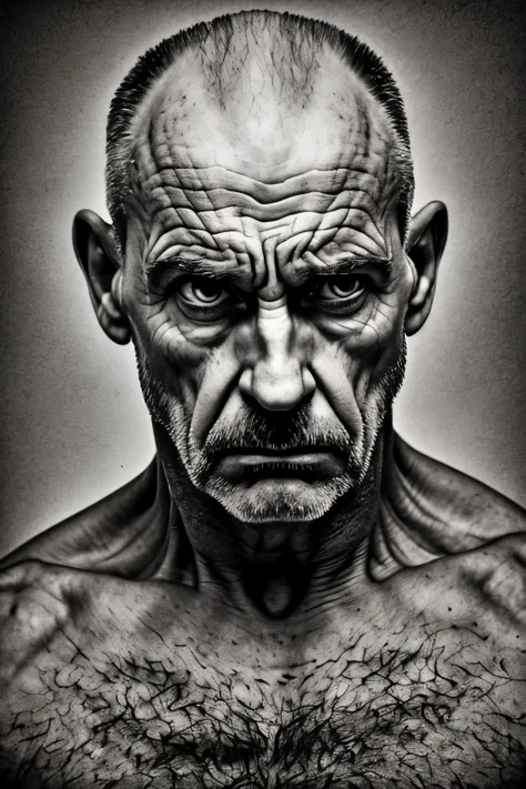 Man with a furious expression, looking over his arm with an outstretched hand -- a powerful and Intense depiction, detailed wrinkles and veins on the forehead, sharp focus on the fierce eyes, High Contrast lighting, RAW image, film grain texture, heavy sha...