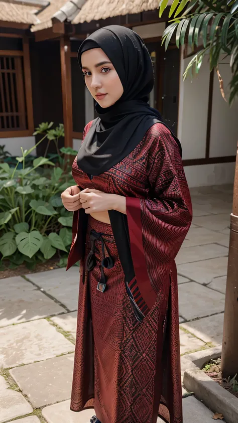 a hyperrealistic woman, putting on full cover modern Hijab. blue eyes, pale skin, photorealistic. instagram influencer, 20-year-old woman, model, black hair, happy look, curvy figure, slim waist full body, in Java traditional attire with red and black patt...