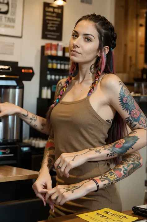 woman, age 38, hipster, german, multicolored hair in braids, tattoos, four arms, in coffee shop,