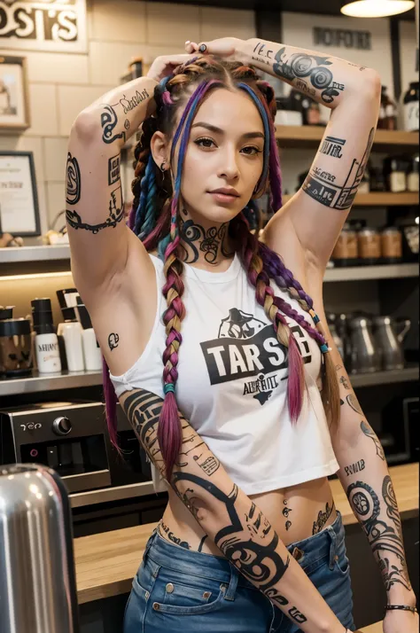 young woman, age 38, hipster, multicolored hair in braids, tattoos, four arms, in coffee shop,