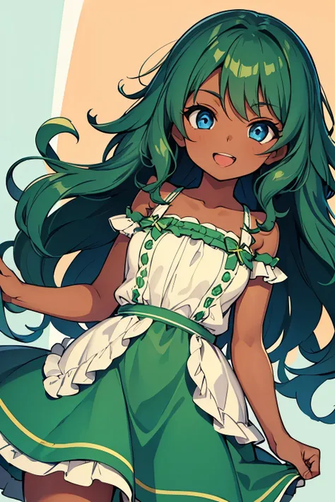 dark skin, green hair, long curly hair, cute dress, excited, blue eyes