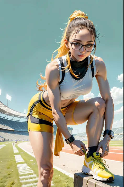 beautiful girl runner, 16 years old, Prepare to practice running, Bending down to tie his shoelaces, Long hair in a ponytail, smooth, smile brightly, wear glasses, (Wear a sleeveless sports bar., Turtleneck, black and yellow shorts, ((Under the breast))), ...