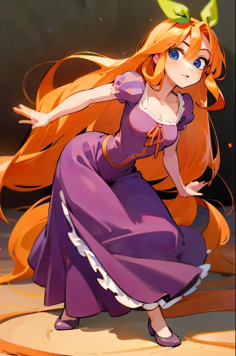 Fusion between Rapunzel from disney and Yotsuba Nakano, good fusion, excellent character design, masterpiece, 4k, perfect anatomy, perfect face, perfect eyes, 1girl, solo, full body, yotsuba nakano wearing rapunzels dress, long long orange hair, red hair, ...