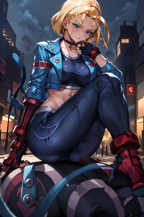 cammy sf, pants, pants, jacket, play sports often, short hair, sitting, highest quality, masterpiece, high resolution,street at ...