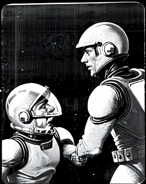 two men in spacesuits fighting, by hannes bok, black and white