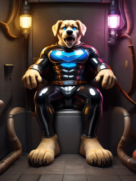 male anthro dog, super hero latex uniform, barefoot, nice big feet paws with pawpads and claws, hypnotic room, brainwash machine...