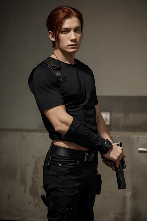 redhair young man, wearing a black t-shirt and black pants, the matrix style, tactical shoulder holster, 454 casull revolver, tactical gears