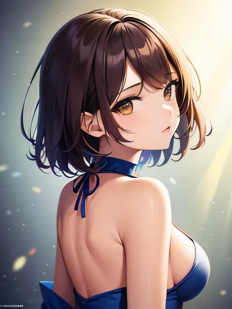 An illustration,masterpiece,girl,bob hair,brown hair,fine eyes,cleavage,small breasts,(erotic face),(((Campaign Girl))),(show your back),(look back),bare shoulders,(((whole body:1.2))),Blue costume with yellow accents,brown eyes,Mouth ajar,Race Circuit Fie...