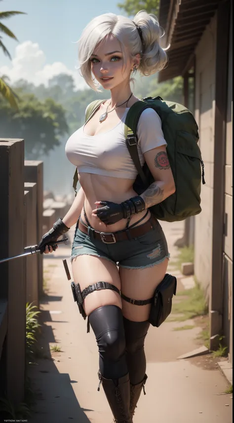 gwen tennyson,yorha 2b,lara croft,jill valentine,overwatch,tomb raider,close up,amazonian jungle ruins,tattoos,white and brown plugsuit,white short sleeve military top,short sleeve military hoodie,cargo micro shorts,military harness,uncovered belly,long pu...