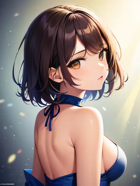 An illustration,masterpiece,girl,bob hair,brown hair,fine eyes,cleavage,small breasts,(erotic face),(((Campaign Girl))),(show me your back),(look back),bare shoulders,(((whole body:1.2))),blue costume with yellow accents,brown eyes,teach by mouth,circuit f...