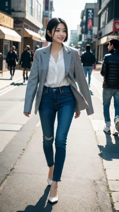 masterpiece, black hair, pure background, beautiful, elegant. Ultra-fine details, masterpieces, realistic textures, realistic cinematic lighting, perfect work, 8k, HD, delicate facial features, full body, Casual jacket and jeans,
Walking on an urban street...