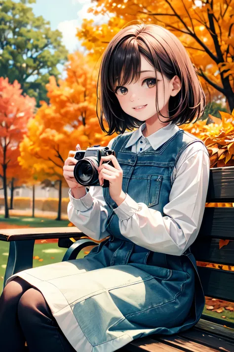 A girl, sitting on a bench in a park, surrounded by colorful autumn leaves. She is holding a Polaroid camera in her hands, smiling at the camera. The photo is taken with a Polaroid camera, creating a warm and cozy atmosphere. The exposure is too high, maki...