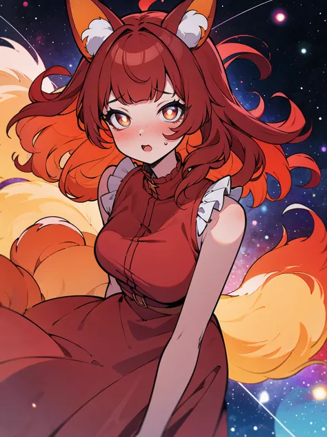 matte, (masterpiece), best quality, vibrant colors, expressive eyes, perfect face, 1woman, (animal ears), (fox ears), (hidden ears), (red hair:1.2), {hair bangs}, {wavy hair}, crimson eyes, (wearing a sundress), frills, shy, blushing, surprised galaxy back...