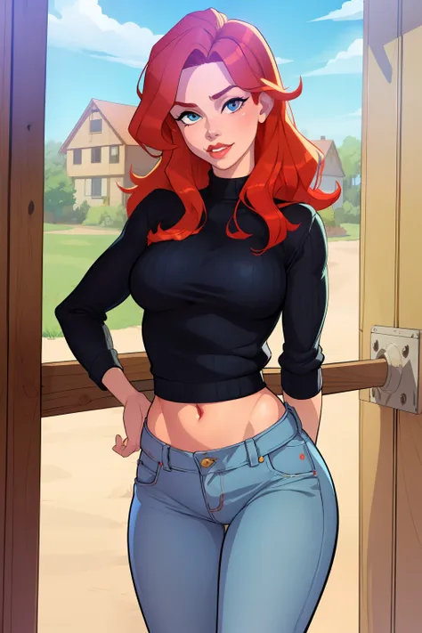 1girl, denim, pants, jeans, sweater, red hair, cowboy shot, long hair,, masterpiece, best quality, highly detailed