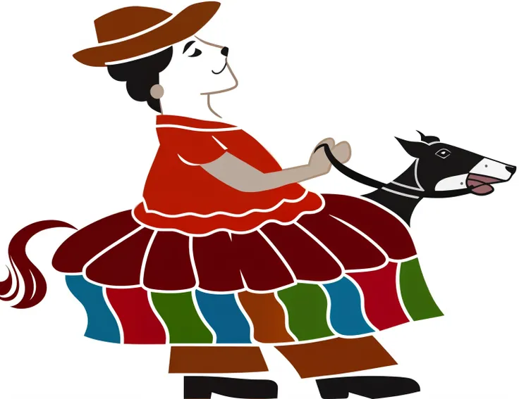 a imagem de desenho of a man riding a horse with a dog, folkloric illustration, folk, Cholitas bolivianas, peruano, brasileiro, Folclore mexicano, human dressed as um burra, clipart, vaca-, chama, clipart, imagem colorida, tempera, cute Mulher, incluindo u...