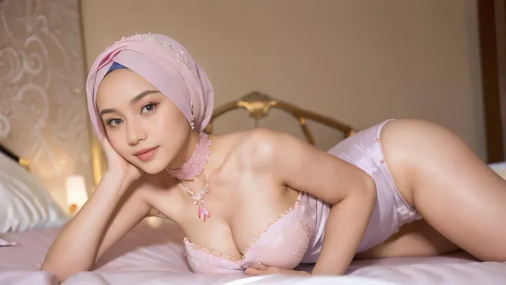 hyper realistic, beautiful, cute face, 17 years old russian lolita girl, (wearing hijab), detailed strapless sexy light purple k...