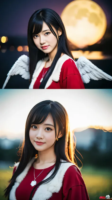 high quality images、Anime girl wearing red clothes with wings and angel costume with white wings、goblinのキャラクター、goblinの綺麗な女性達、森のgoblin、beautiful girl、goblinの翼を持つ美人、goblin、Cute girl rendering、１Moon Rendering、