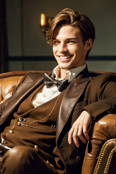 Adelbert Grunner,1 young male,steampunk,short hair,handsome,villain,smirk face,laughing,sit on sofa,brown hair,